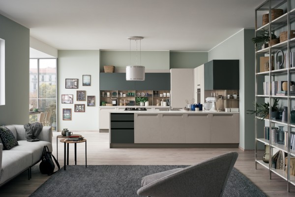 Minimal line offset by sumptuous colours.
An essential kitchen conceived in a variety of configurations and with ample scope for personalization that will encompass recherché, minimal, sumptuous or o
